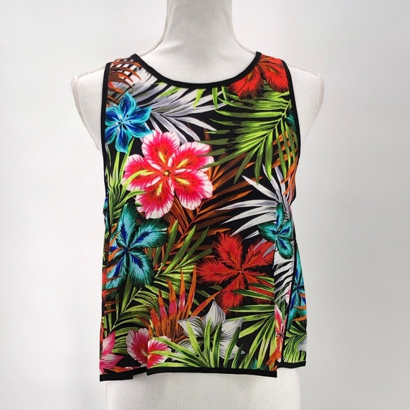 Line and Dot Tropical Floral Print Silk Tank M - Picture 1 of 8